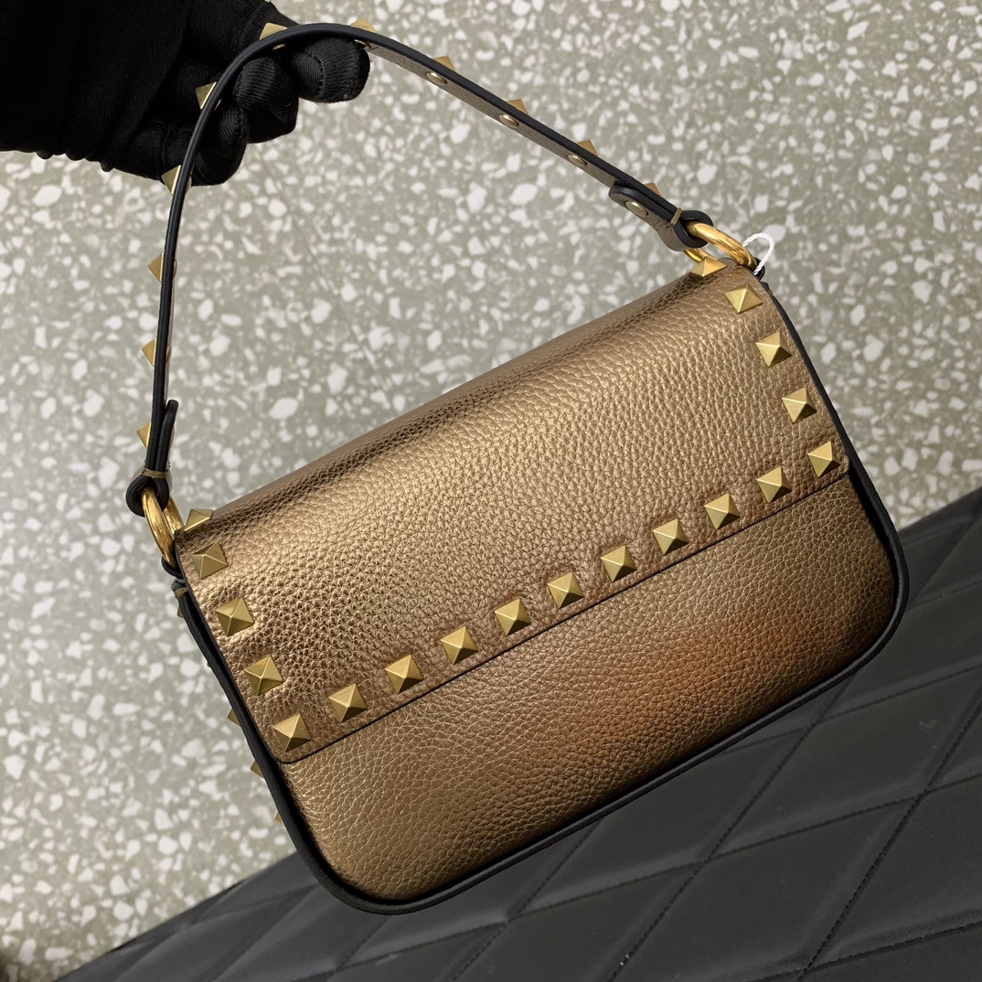 Valentino Garavani Rockstud Small Shoulder Bag in Gold Grainy Calfskin